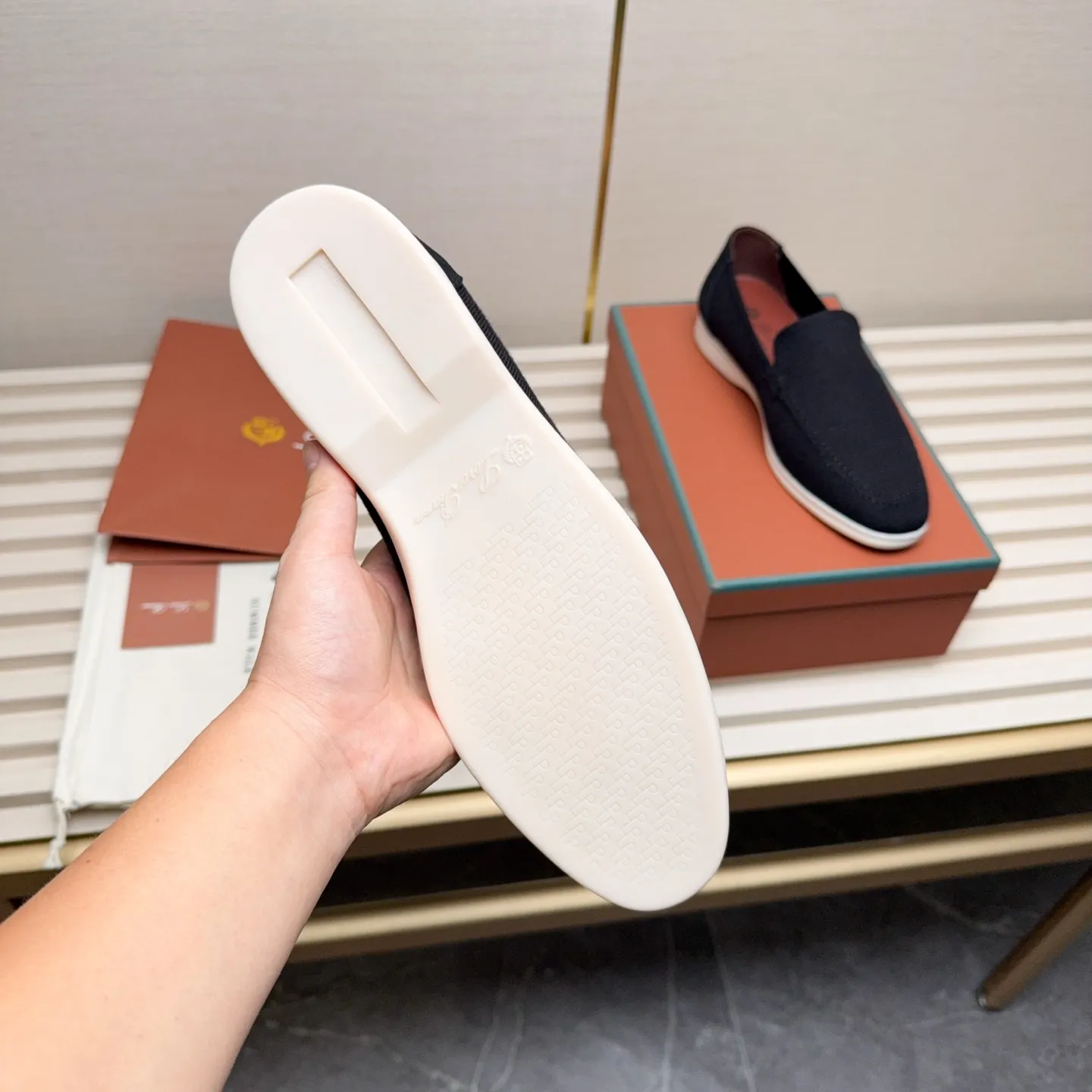Men's Men's Shoes 💰400 Loro PIana moccasins are made of wish wool fabric. The upper is made of knitted fabric, made on a loom, and then attached to a rubber sole. The Rain System's water-repellent treatment enhances the shoe's functional design, while the suede details give the shoe a sense of elegance and sophistication. Made from Wish, fine wool from Australian and New Zealand Merino sheep